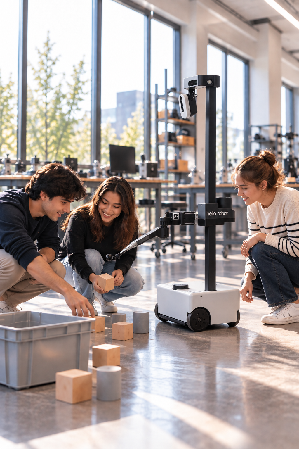 Students collaborating with Stretch 3 robot